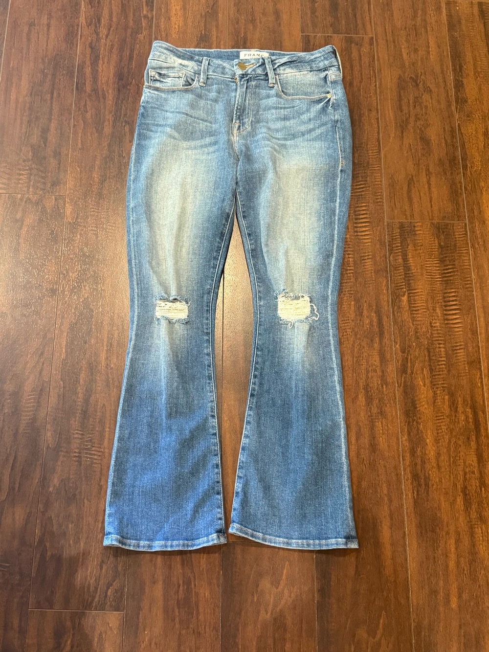 Frame Denim Medium Blue Ripped Flare Jeans - Women's